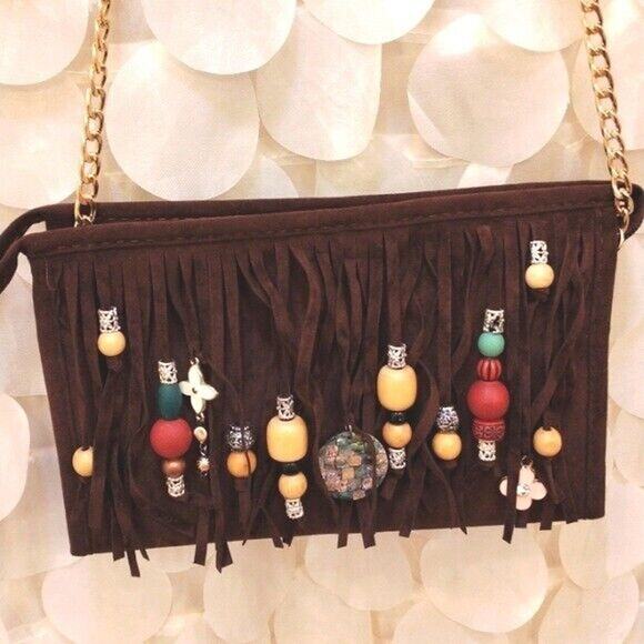 French Vogue Boutique Handbags - CROSSBODY BROWN Fringed Purse BOHEMIAN Luxury Gold Chain Charms Flower Gypsy NEW